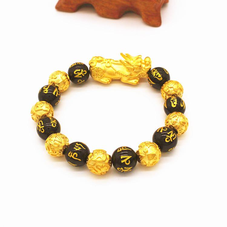 Dubai Jewelry Gold PlatedJewelry Obsidian Sixcharacter Mantra Men's Domineering Dubai Plated Brave Pixiu Bracelet