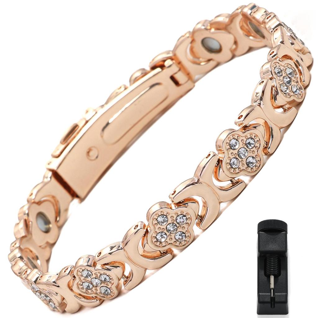 European & American Magnetic Bracelet: Fashionable Four-leaf Clover Alloy with Diamond Inlay, Single Row Magnetic Jewelry for Women.