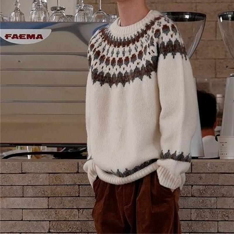 Fair Isle Jacquard Sweater For Men And Women Retro Baggy Printed Crewneck Knit Pullovers Korean Fashion Y2K Streetwear Jumpers