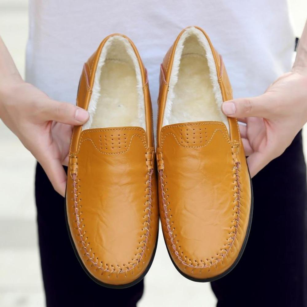 Premium Black Leather Men's Slip-On Loafers with Warm Lining - Autumn Winter Comfort for European Men | Big Sizes 44-47