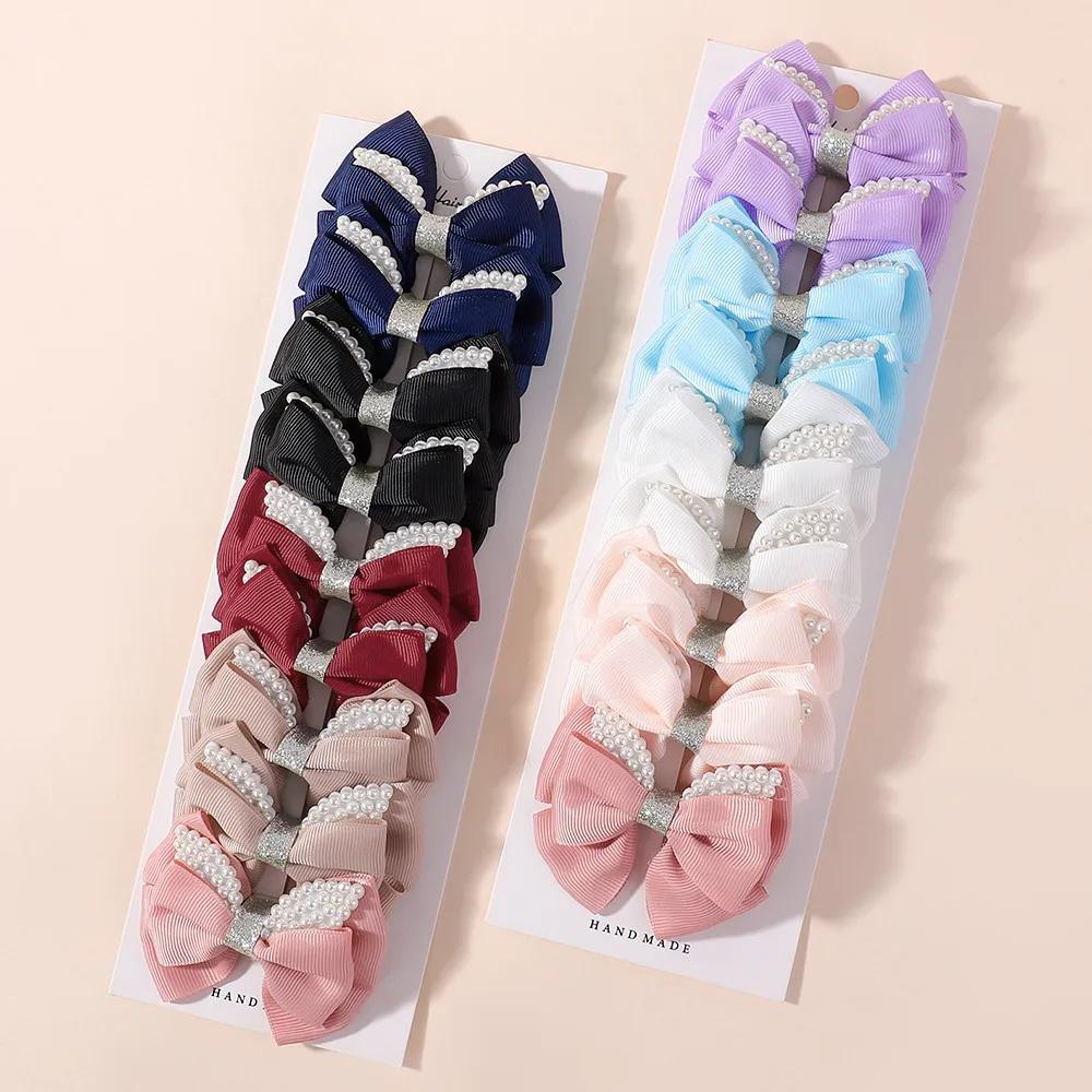 2PCS Sweet Pearl Bow Hairpin Solid Ribbon Double Bowknot Hair Clip Korean Lovely Hairpins for Kids Girls Headwear Accessories