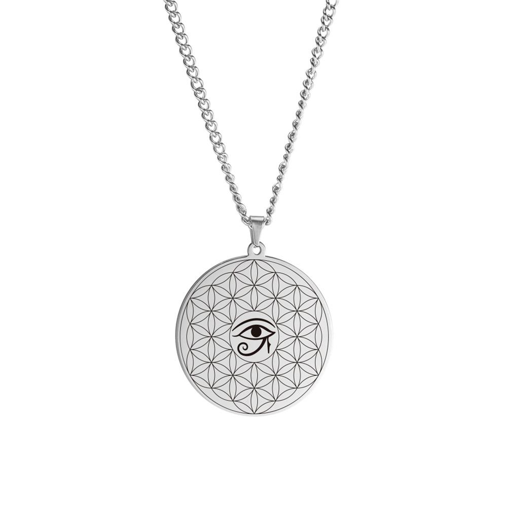 EUEAVAN Vintage Flower of Life Eye of Horus Pendant Necklace for Women Men Turkish Evil Eye Talisman Stainless Steel Jewelry 60cm