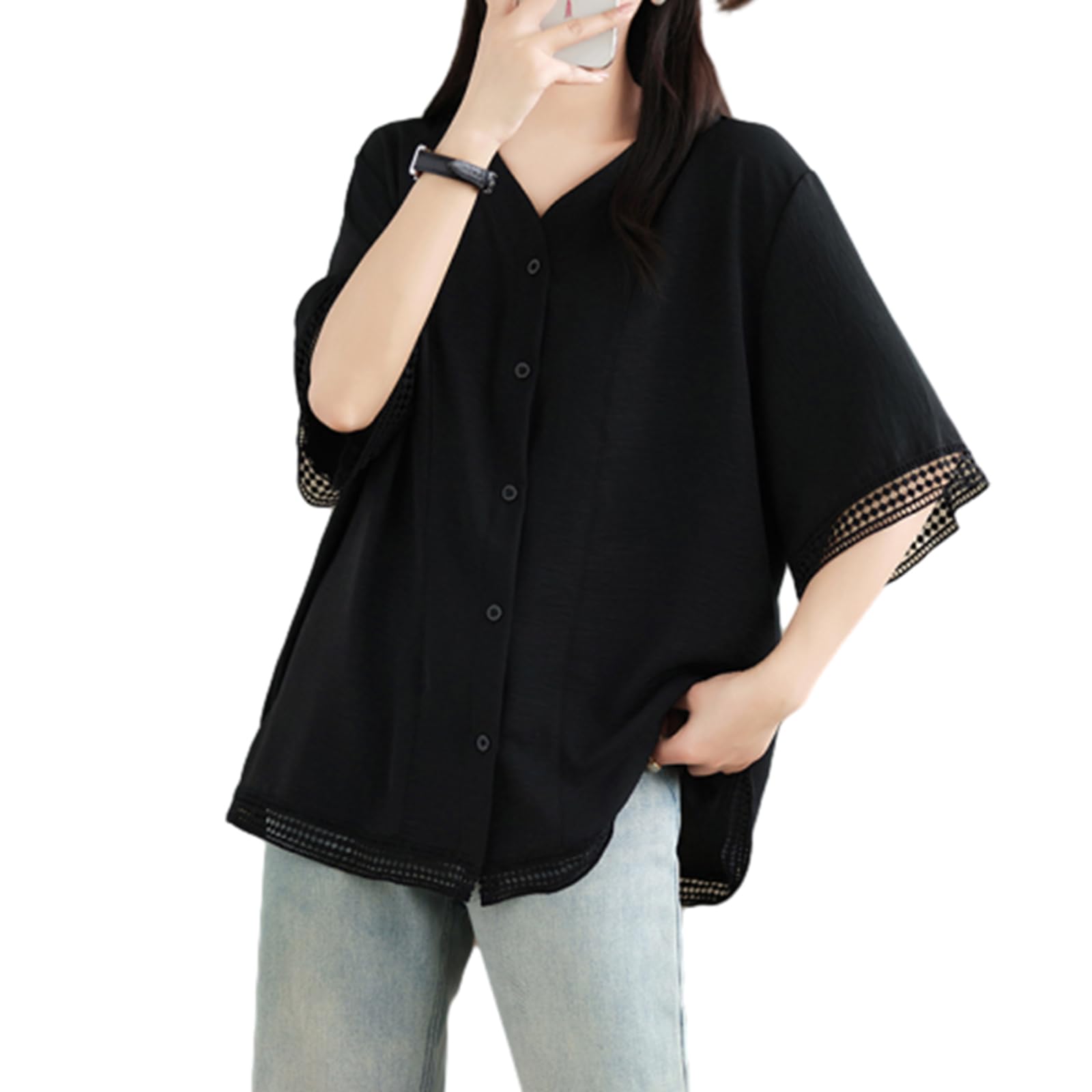 

Shirts for Short Sleeve Summer Floral Large [RoyzTocz] Women, Blouse, V-Neck, Shirts, Tops, Pattern, Switching, Elegant, Size, Embroidery, Stylish, чёрный