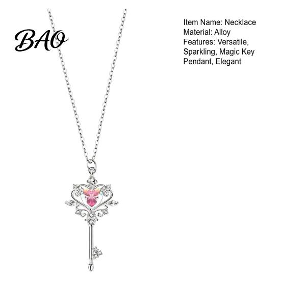 Everyday Wear Jewelry for Dates Magic Key Pendant Necklace, Pink Cubic Zirconia Heart Trendy Girly Style Necklace Rhinestone Sweet Fairy Women