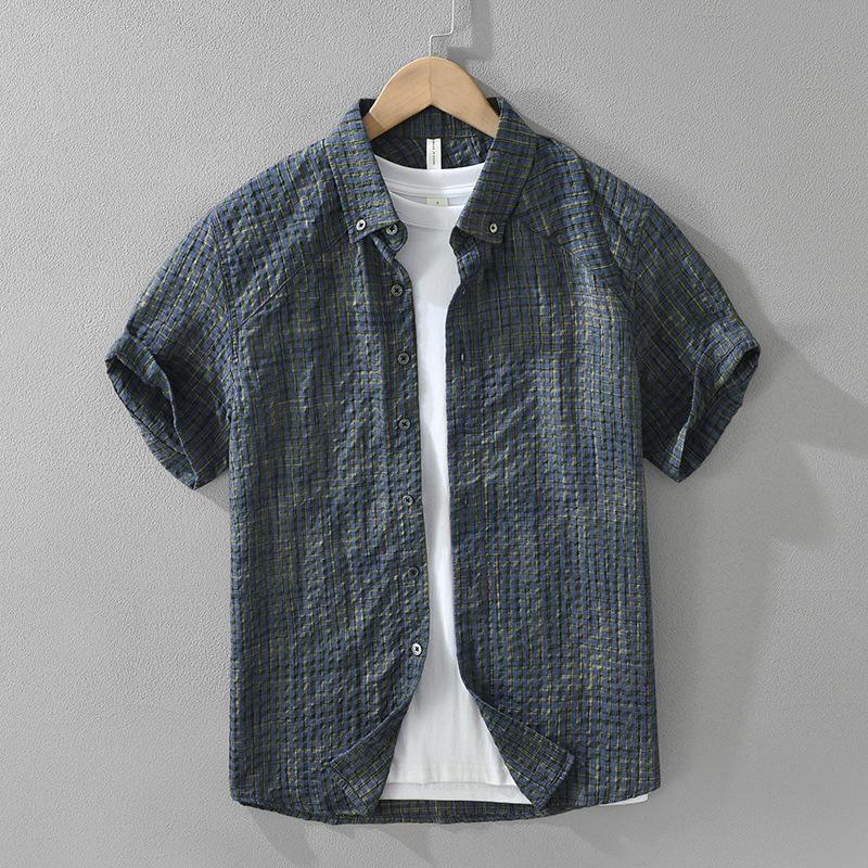 Harajuku Style Short Sleeve Plaid Shirts for Men Summer Casual Tops Button Bubble Shirt Male