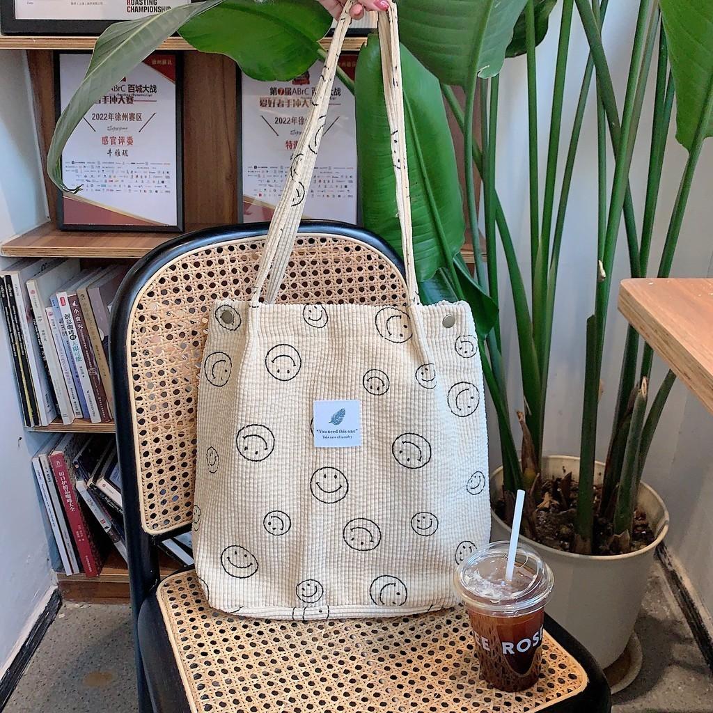 Fashionable Corduroy Smiley Face Tote Bag For Students And Daily Use
