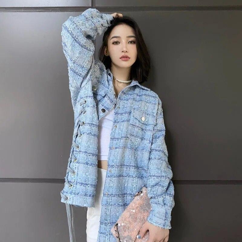 Buy Elegant Lace-up Tweed Jacket Women Vintage Turn-down Collar