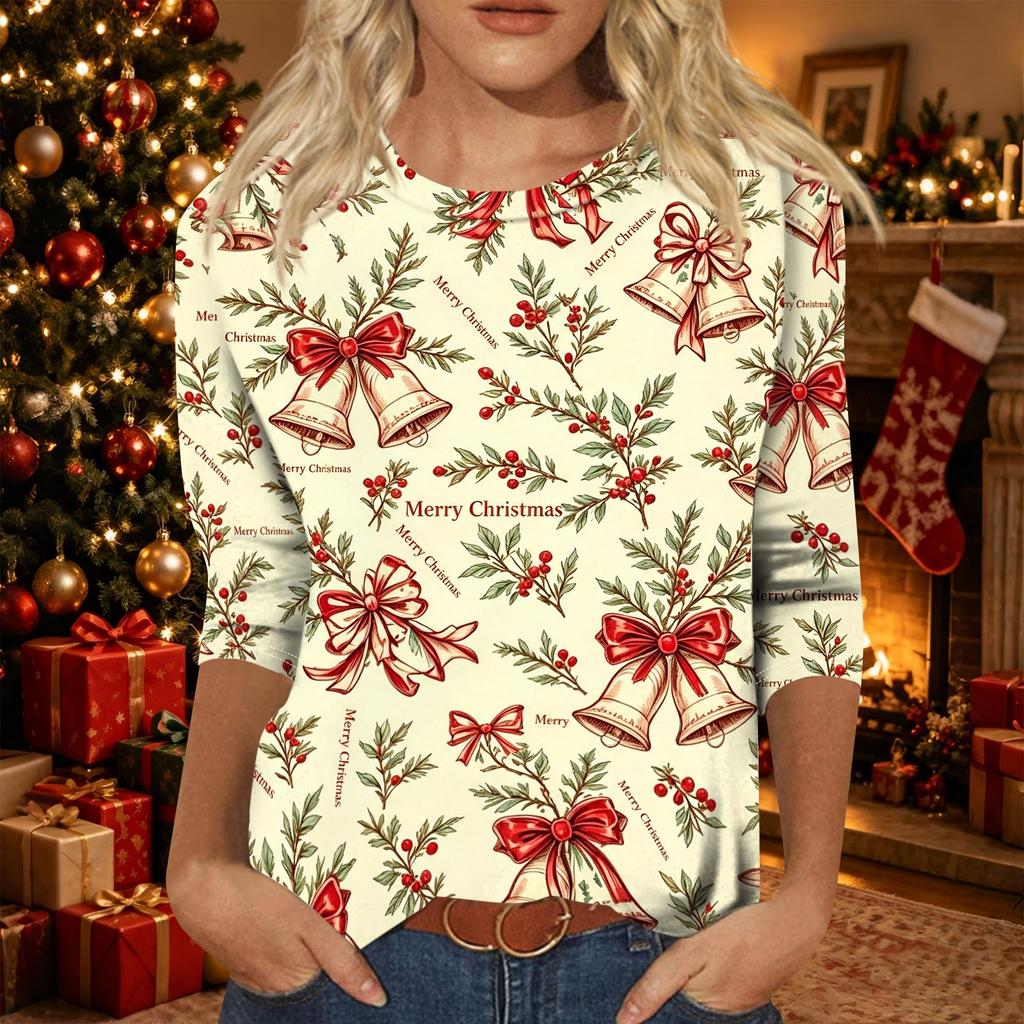 Women's Casual Three-Quarter Sleeve Christmas Print Round Neck Top