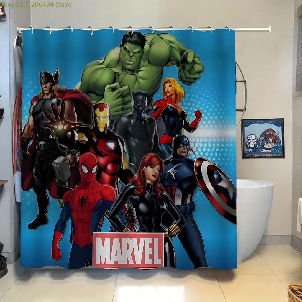 1pc Marvel Superhero Shower Curtain with Hooks - Vibrant Polyester Design, Machine Washable, Unlined, Cartoon Character Bathro