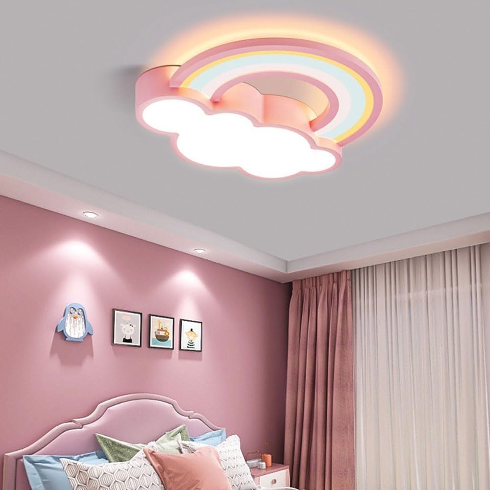 72W Kids Room Cloud Ceiling Light LED Dimmable Bedroom Flush Mount Ceiling Light Acrylic Shade Modern Cartoon Rainbow Pink Large Low Ceiling Lamp for