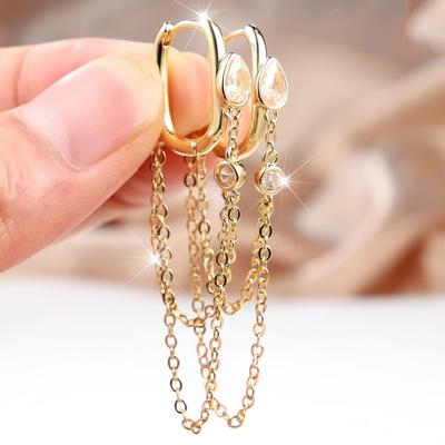 Trendy Gold Color Layered Chain Tassel Hoop Earrings for Women Daily Wear and Party
