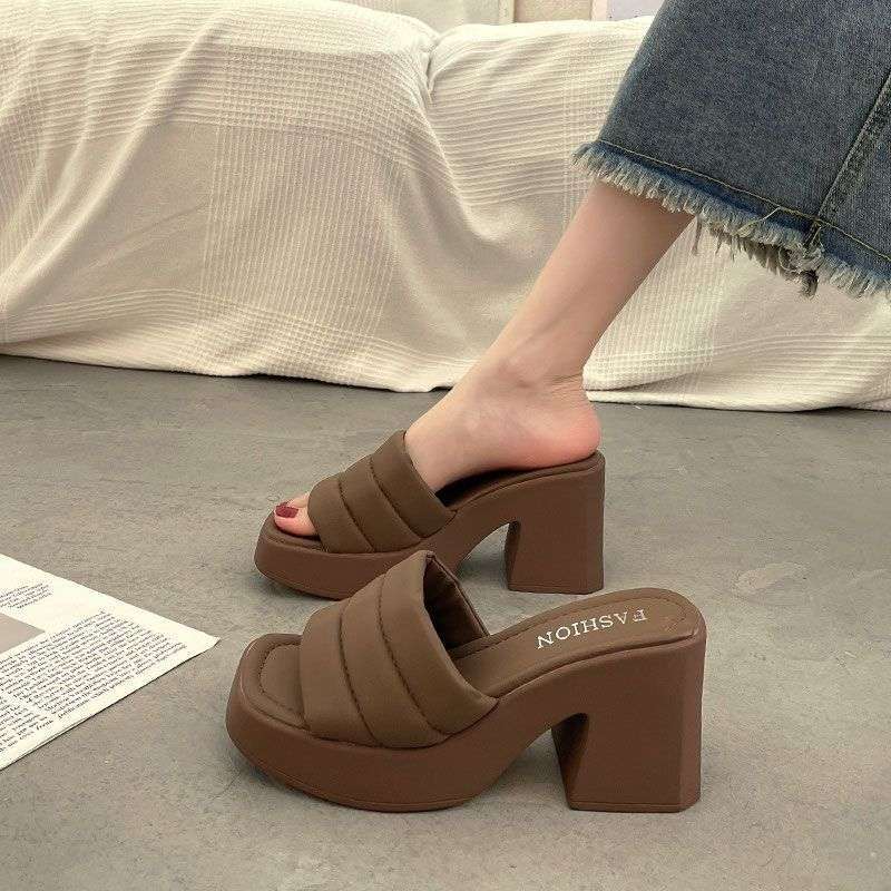 2025 Summer New Women's High-heeled Waterproof Table Thick-soled Thick-heeled Cool Slippers Women's Ins Trendy Outer Wear One-word Slippers