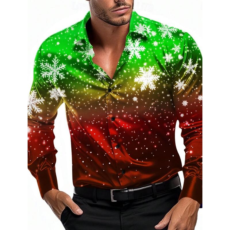 Camicie da Uomo a Tema Natalizio con Stampa Alberi di Natale Grafiche Degradé Fiocchi di Neve Camicie a Manica Lunga Button-Up Top alla Moda