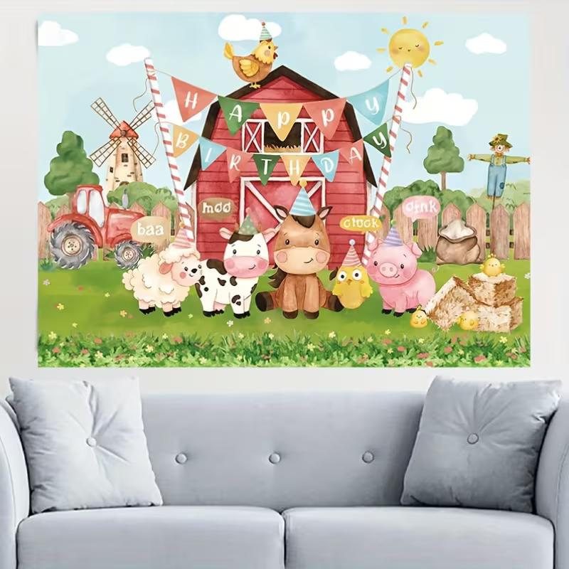 2D Kids Barnyard Birthday Backdrop, Farm Animal Themed Party Decoration Background