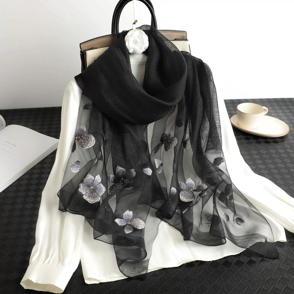 Floral Embroidered Silk Scarf Springautumn Thin Mulberry Silk Scarf Elegant And Decorative Shawl
