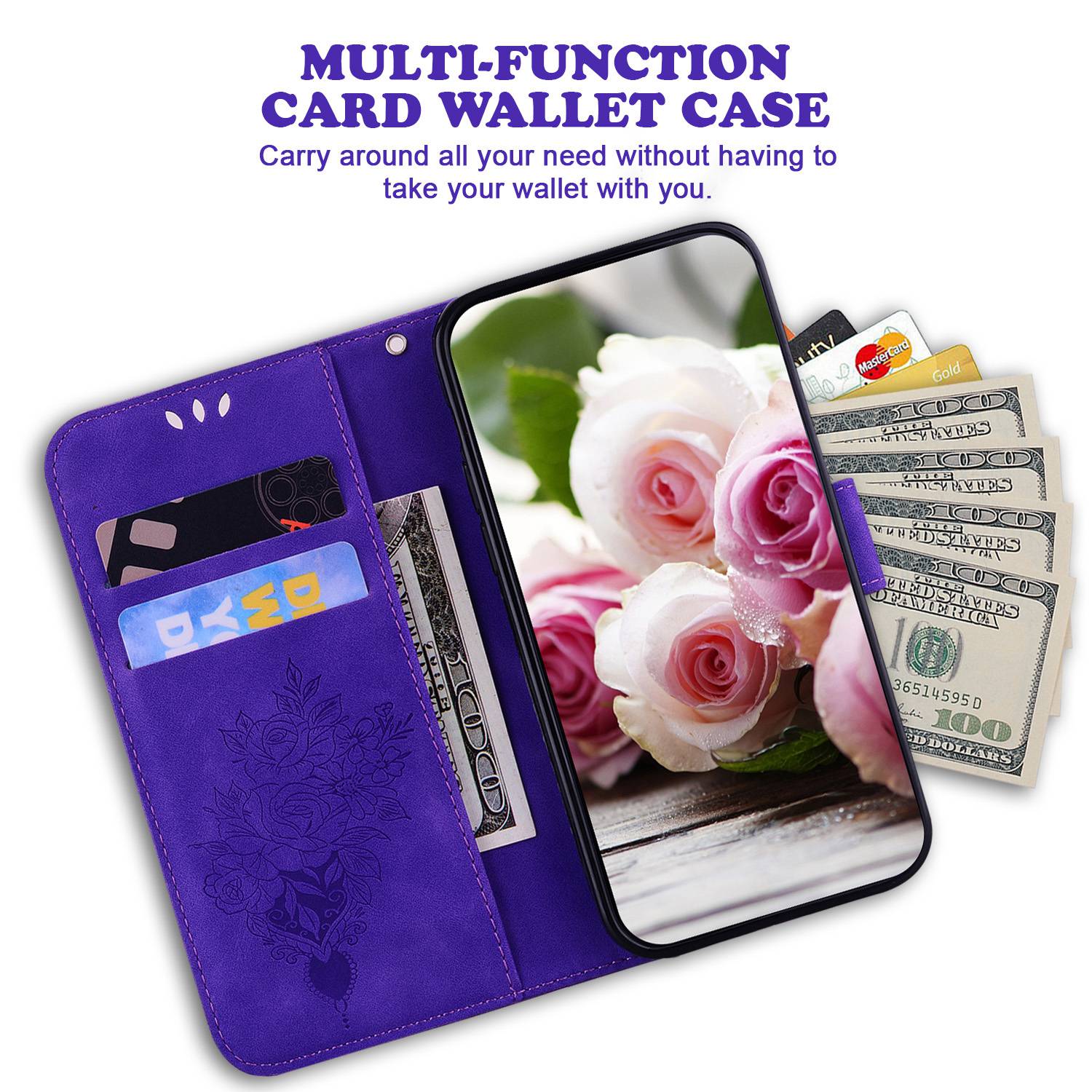 

PU Leather Imprinting Roses Butterflies Phone Case for Xiaomi 12 5G/12X 5G/12S 5G,Stand Wallet All-round Protection Inner TPU Cover Purple