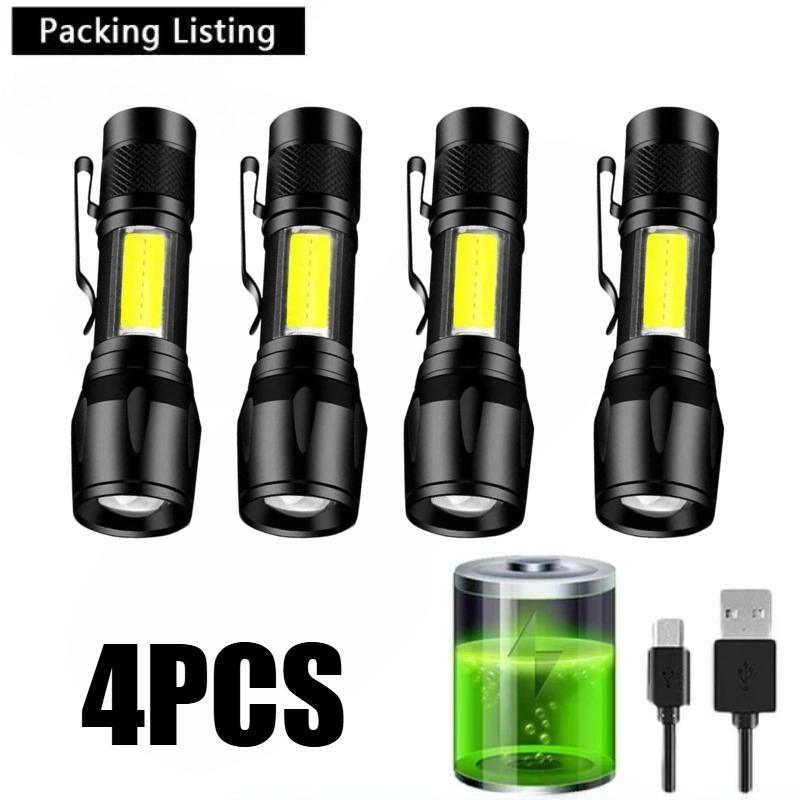 Powerful Mini LED Flashlight COB XPE Zoom Torch Built-in Battery USB Rechargeable with Pen Clip for Outdoor Camping Hiking Emergency Daily Use Light