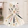 Women Plus Size V Neck Long Sleeve Geometric Printed A Line Flared Dress With Belt