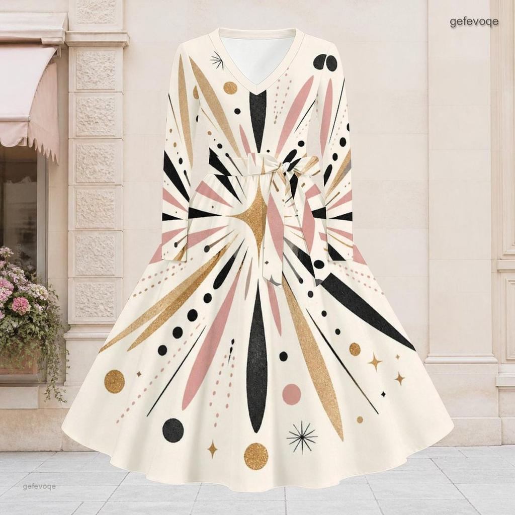 Women Plus Size V Neck Long Sleeve Geometric Printed A Line Flared Dress With Belt