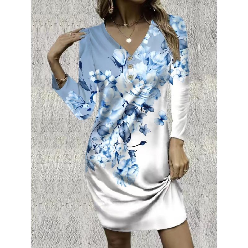 QICED Fashion Autumn Winter Long Sleeve V-Neck Casual Dresses