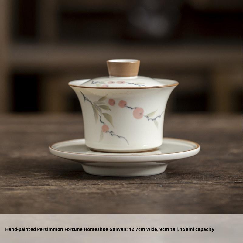 

Plant Gray Hand-painted Persimmon Ruyi Horseshoe Covered Bowl Ceramic Three-talent Gaiwan Covered Cup Single Oven Mitts Tea Bowl