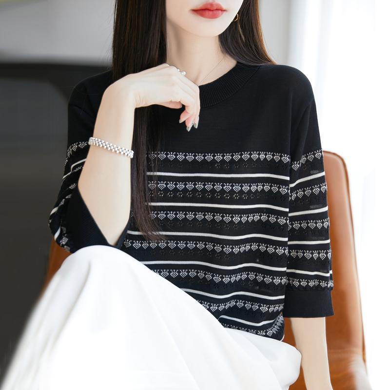 Women Knit T-shirt MODERN NEW SAGA Summer Knitted Shirt Short Sleeve Tees O-neck Patchwork Pullover Knit Tops