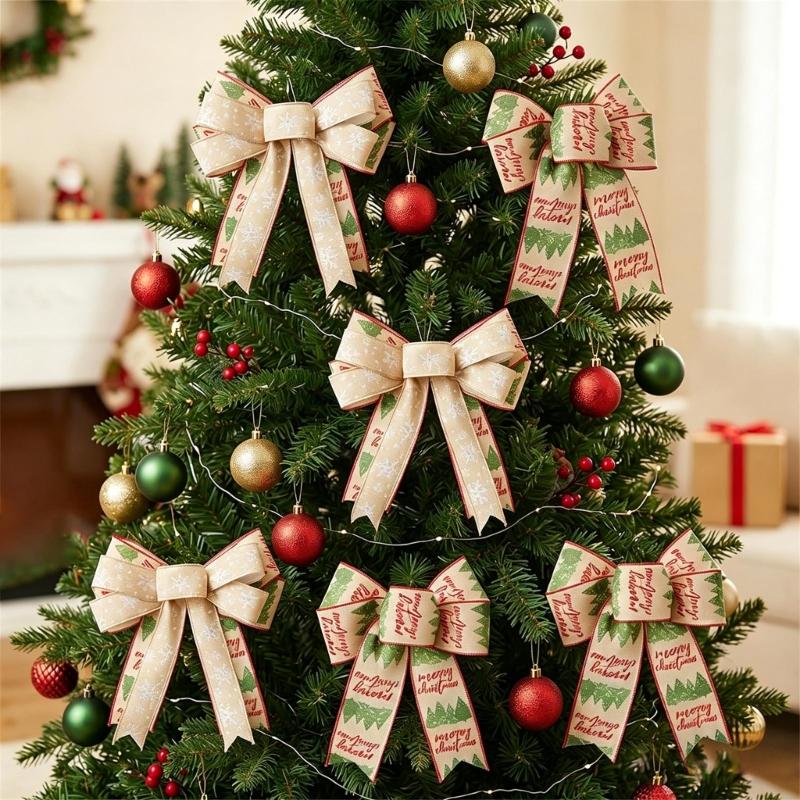 Double Layer Christmas Bowknot Decoration Set of 4 Soft Fabric Ribbon Ornaments with Stitched Center for Seasonal Home Styling