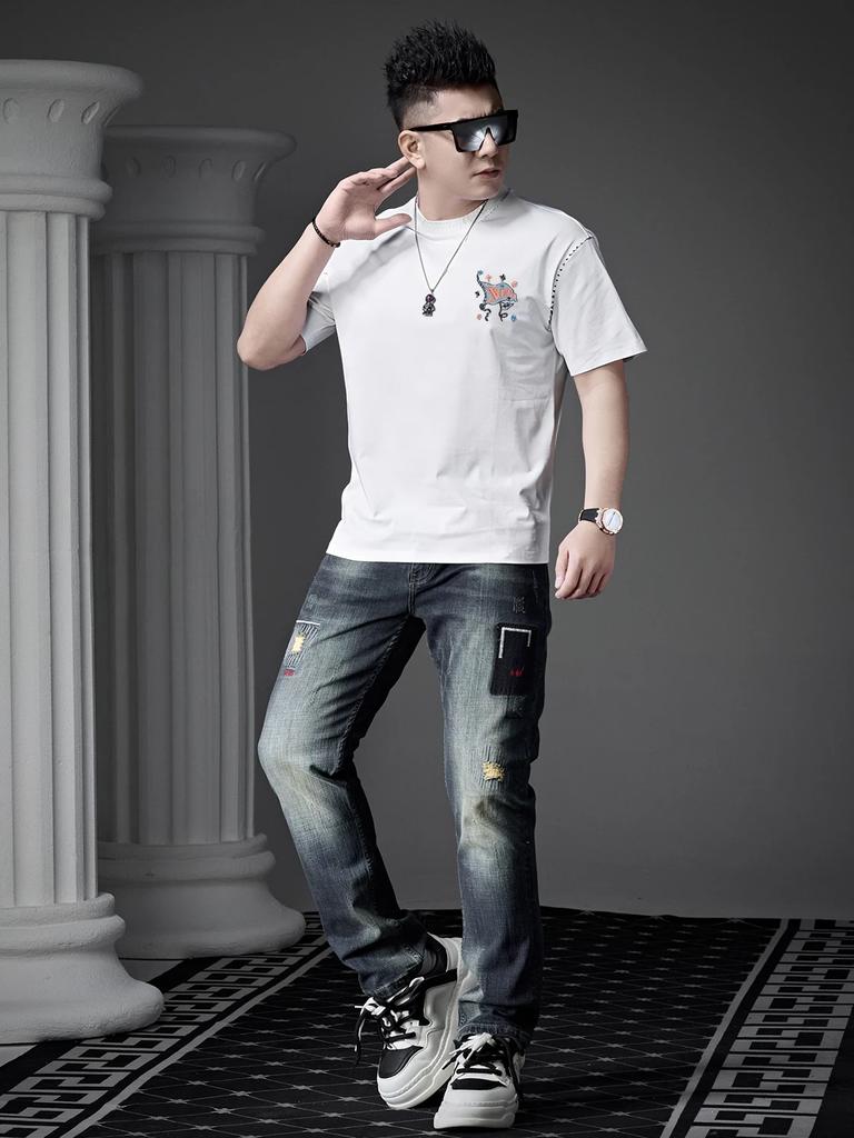 European High-End Embroidered Round-Neck Short-Sleeve T-Shirt for Men, 2026 New Summer Trendy Brand Light Luxury Men's Half-Sleeve Top