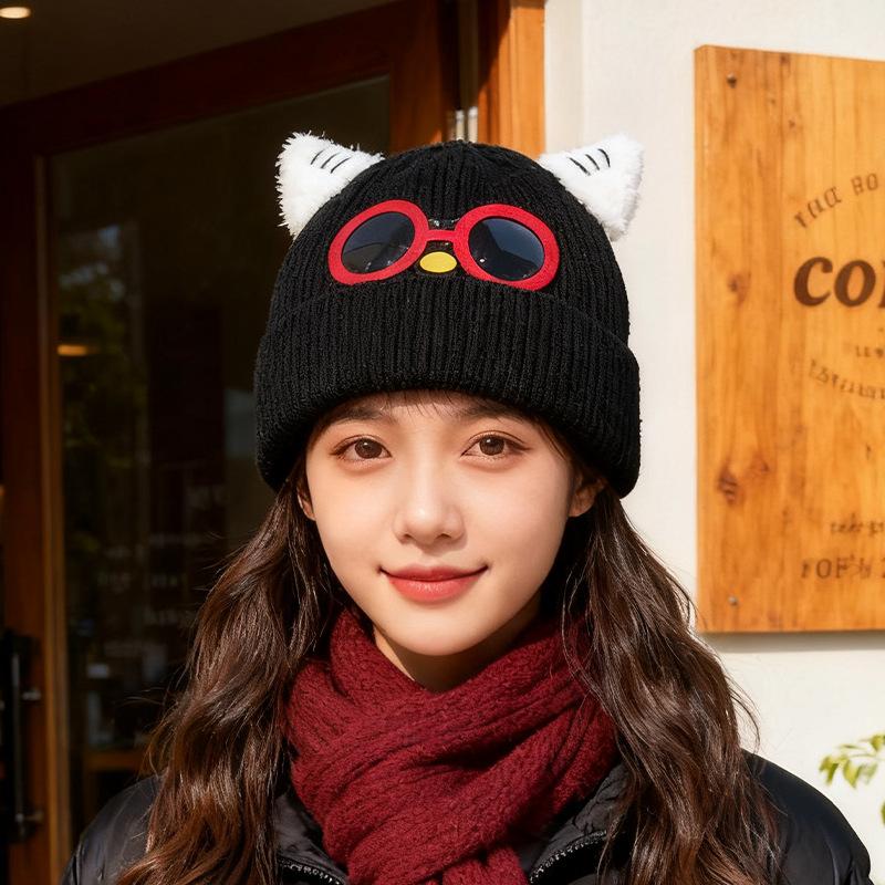 

Cute glasses cat ears hat women s autumn and winter warm ear protection knitted hat showing face small wool cold hat M（56-58cm）
