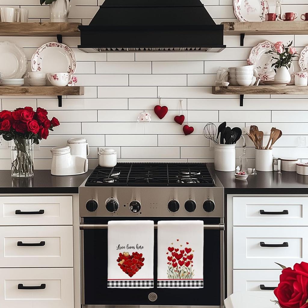 ARKENY Valentines Day Kitchen Towels Set of 2,Red Heart Love Dish Towels 18x26 Inch Drying Dishcloth,Farmhouse Home Daily Seasonal Decoration AD413