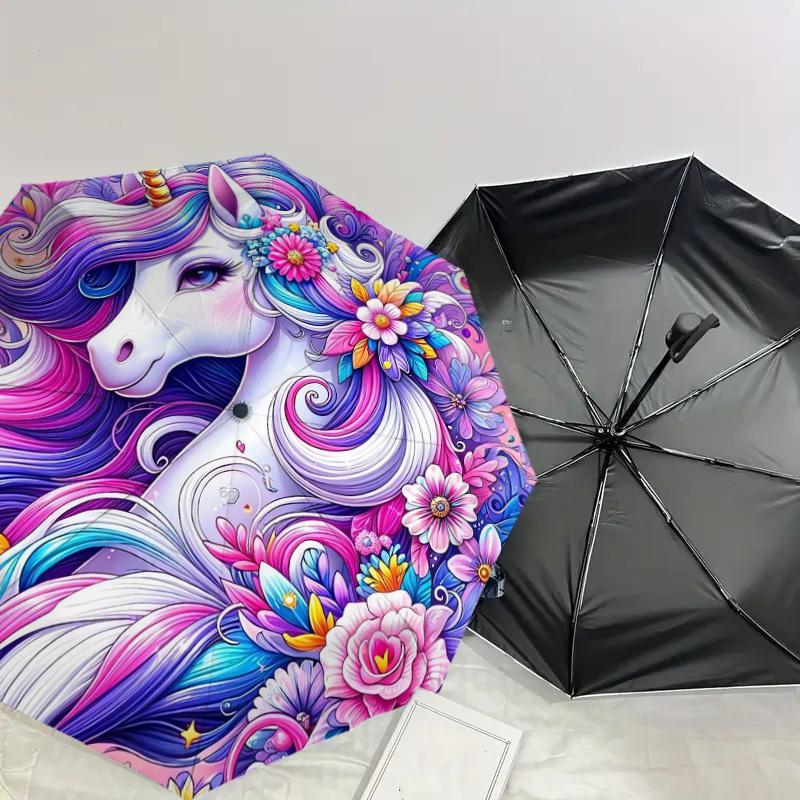 1pc Colorful Unicorn Floral Artwork Umbrella with Plastic Handle,Suitable for All Seasons Home Travel Outdoor UmbrellaDD435