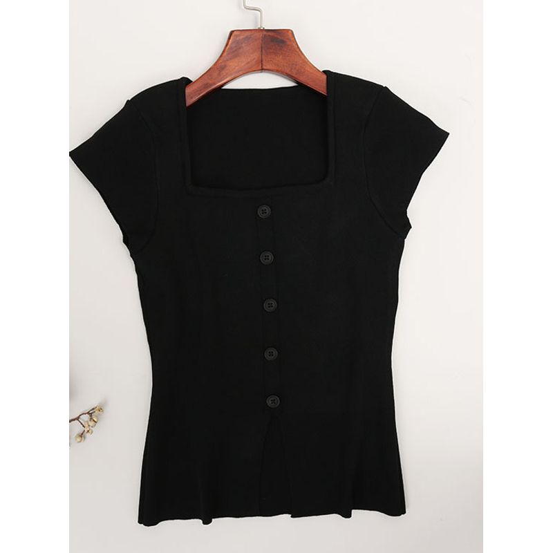 Ice Silk U-Collar Small Flying Sleeve Top Women Summer Western Style Waist Hugging Slimming Design Sense Front Slit Knit T-shirt