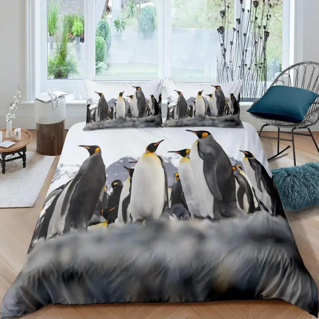 Penguin Duvet Cover Set Antarctic Animals Bedding Set for Kids Boys Girls Cartoon Style King Size Winter Theme Comforter Cover
