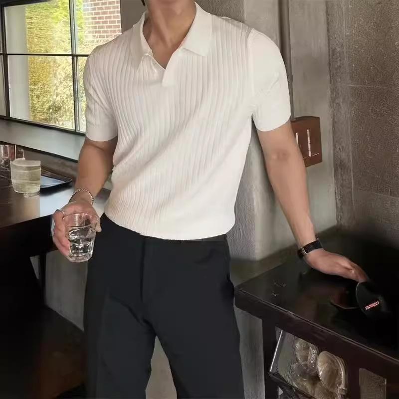 Trendiges Poloshirt mit Revers im koreanischen Stil für Herren – kurzärmliges, hübsches, reifes, einfarbiges Strickoberteil
