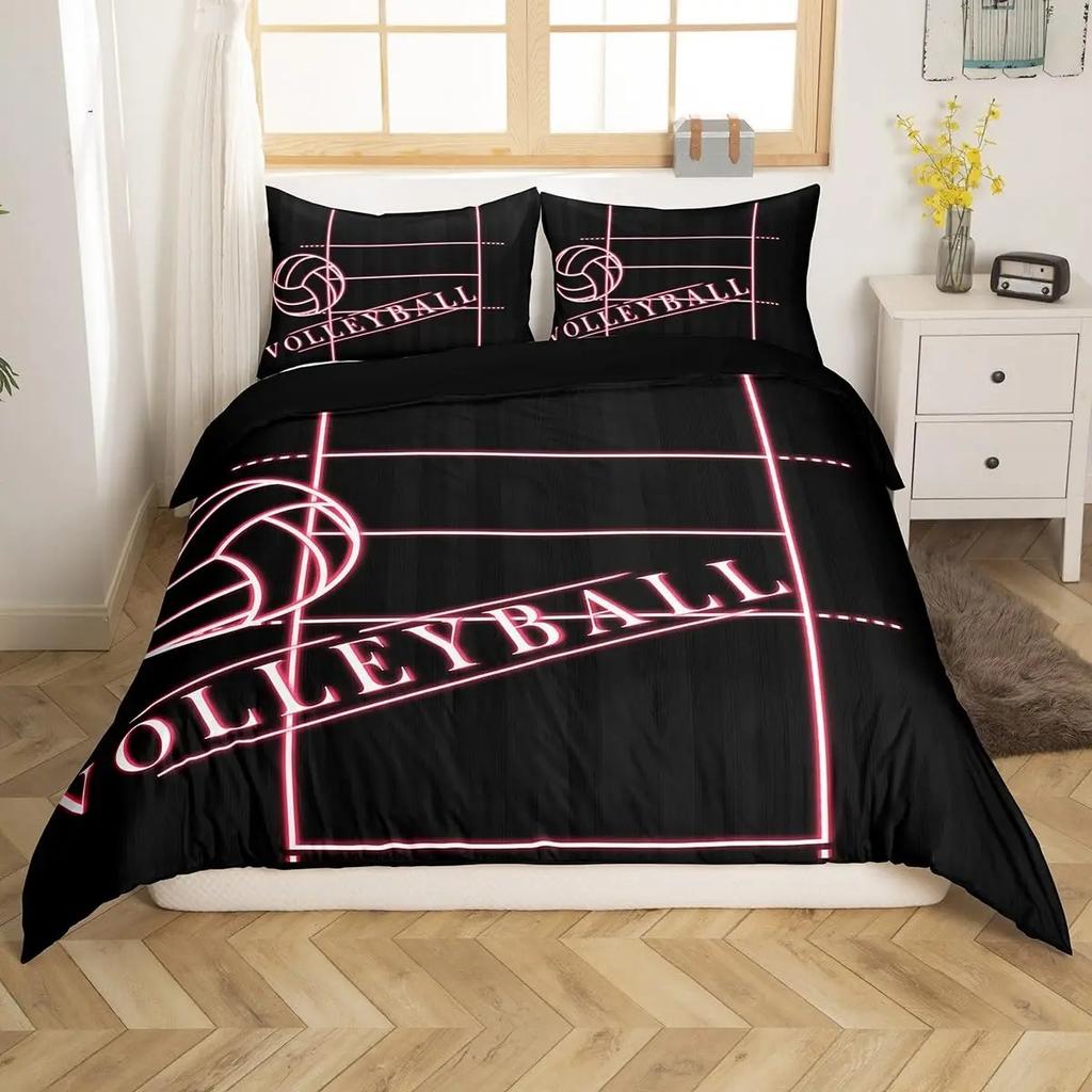 Set husă de pilotă volei, Set de lenjerie de pat cu tematică sporturi cu minge pentru băieți, adolescenți, decor dormitor, husă de pilotă neagră cu 2 fețe de pernă
