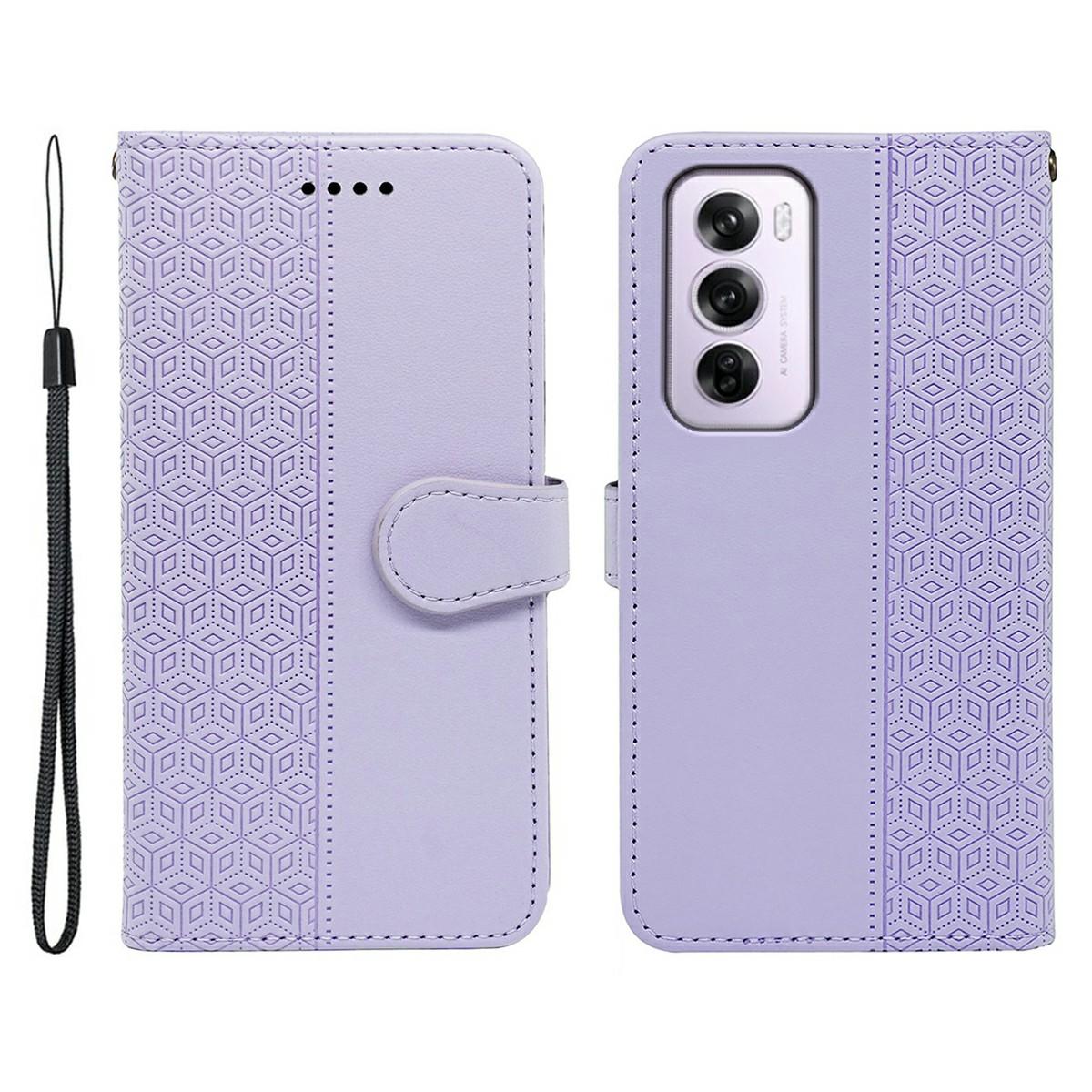 

For Oppo Reno12 Pro 5G (Global) Case Anti Scratch Splicing Imprinted Rhombus Leather Phone Cover Purple