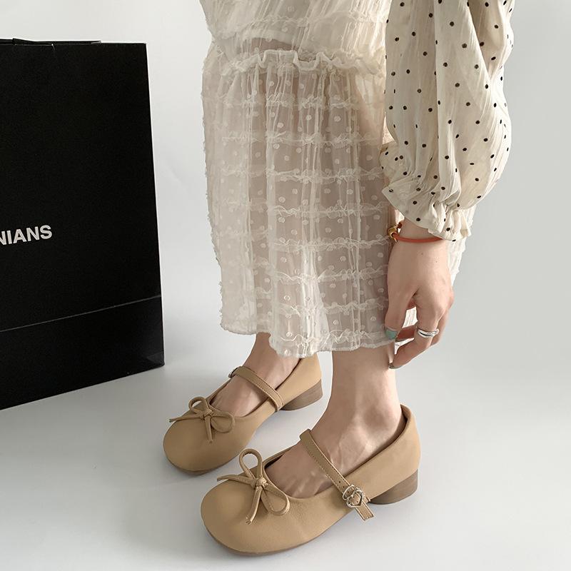 Gentle Round Head Bow Girly Feeling Small Low Heel Temperament Matching Skirt Shallow Mouth Mary Jane Small Leather Shoes Women
