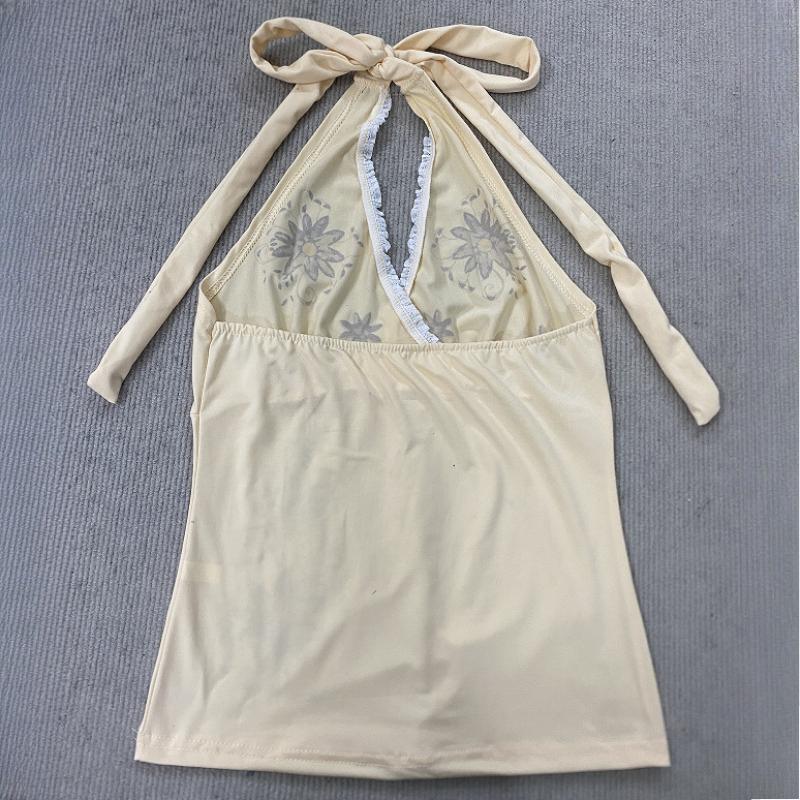 European and American summer retro printed V-neck hanging neck vest women's clothing