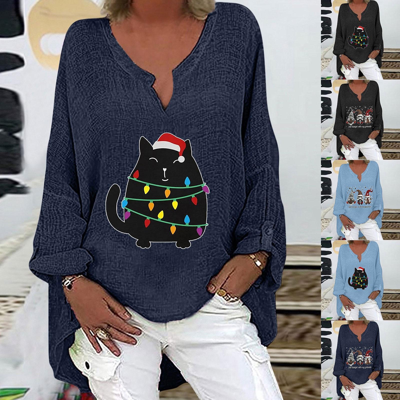 

Ladies Casual Loose Christmas Print V-Neck Cotton Linen Long Sleeves Top