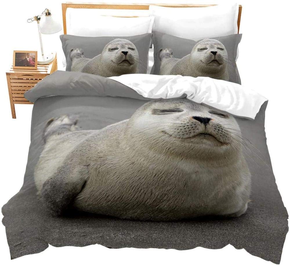 3D Sea Lion Duvet Cover King/Queen Size,Cute Cartoon Sea Lion Sleeping Print Bedding Set for Kids Boys,ocean Animals Quilt Cover