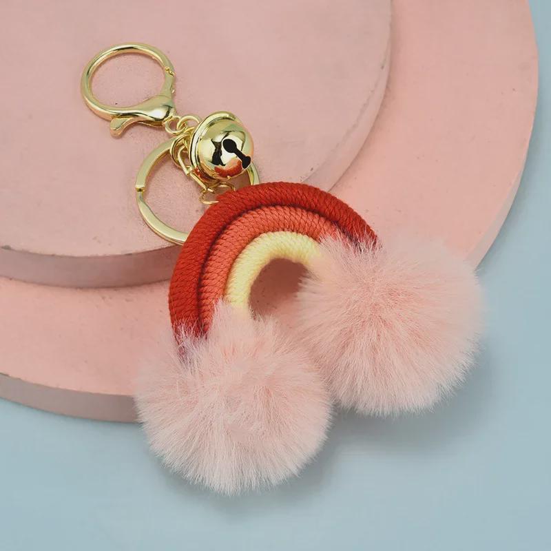 Bohemian Rainbow Fur Ball Keychain with Hand-Woven Cotton Rope and Faux Rabbit Fur Pendant