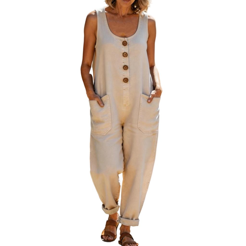 Ladies' Casual Sleeveless Loose Pocket Overalls Jumpsuit