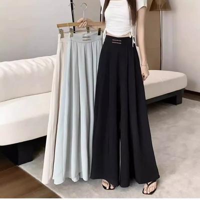 Satin Disc Button High Waist Pleated Wide-legged Trousers Women Draped Sense of Waist Closing Belly Long Skirt Trousers Tide