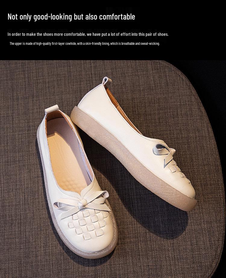 Women's White Cowhide Leather Casual Shoes - Spring/Summer 2025, Soft Jelly Sole, Flat Design