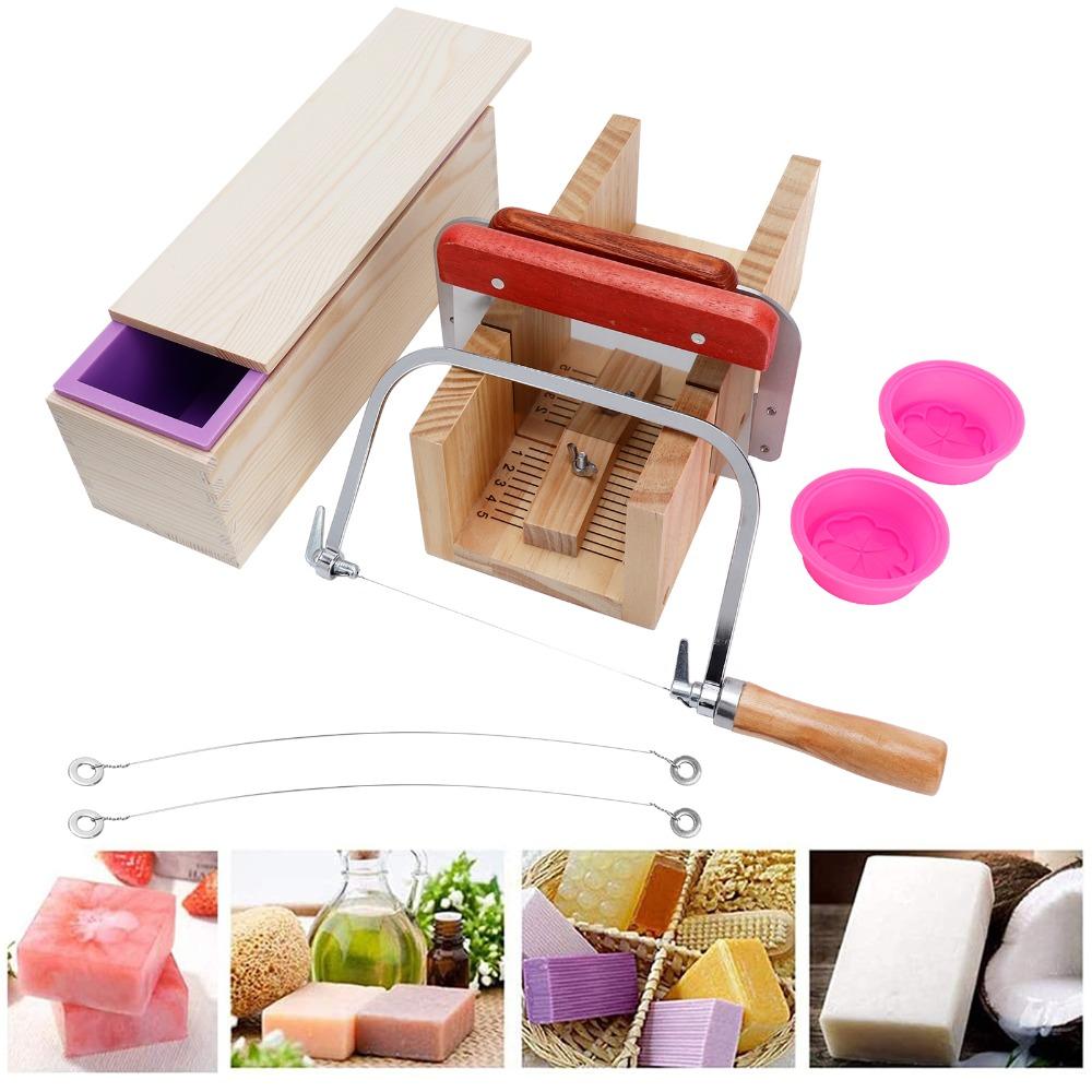 9pcs Wood Handle Soap Cutter Kit Silicone Wooden Loaf Mold Maker Tool Soap Mold Set Bar Cutting