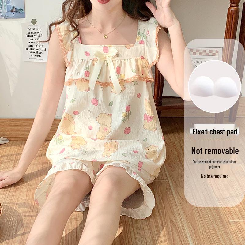 Women's Cloud Cotton Camisole Pajamas with Built-in Bra - Summer Sweet Style, Two-Piece Shorts Set, Wear Indoors or Out.
