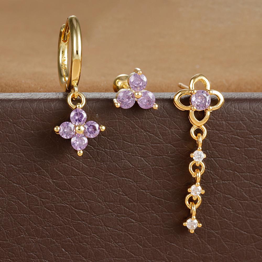 3PCS New Green Zircon Flower Hoop Earrings Set for Women Luxury Stainless Steel Piercing Earring Female Fashion Jewelry Gift BFF