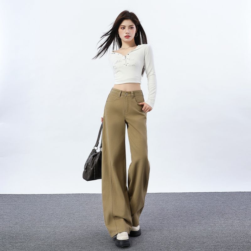 Spring Summer Vintage Raised Side Seam Unique Design Slim Floor Wide Leg Denim Pants For Women Casual Pants Oversize Denim Trousers