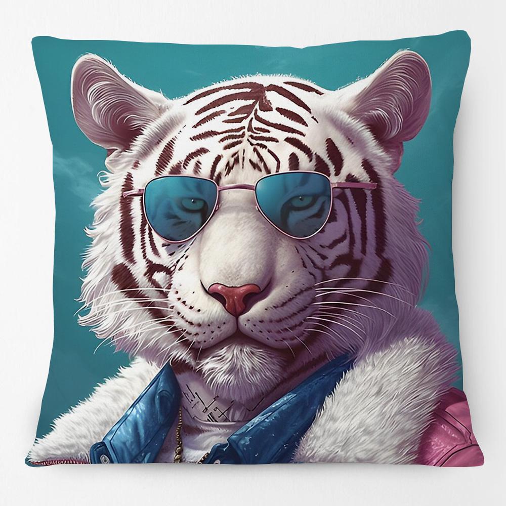 European Tiger with Blue Glasses Parrot Cat Animals Portrait Cushion Covers Pillowcase for Sofa