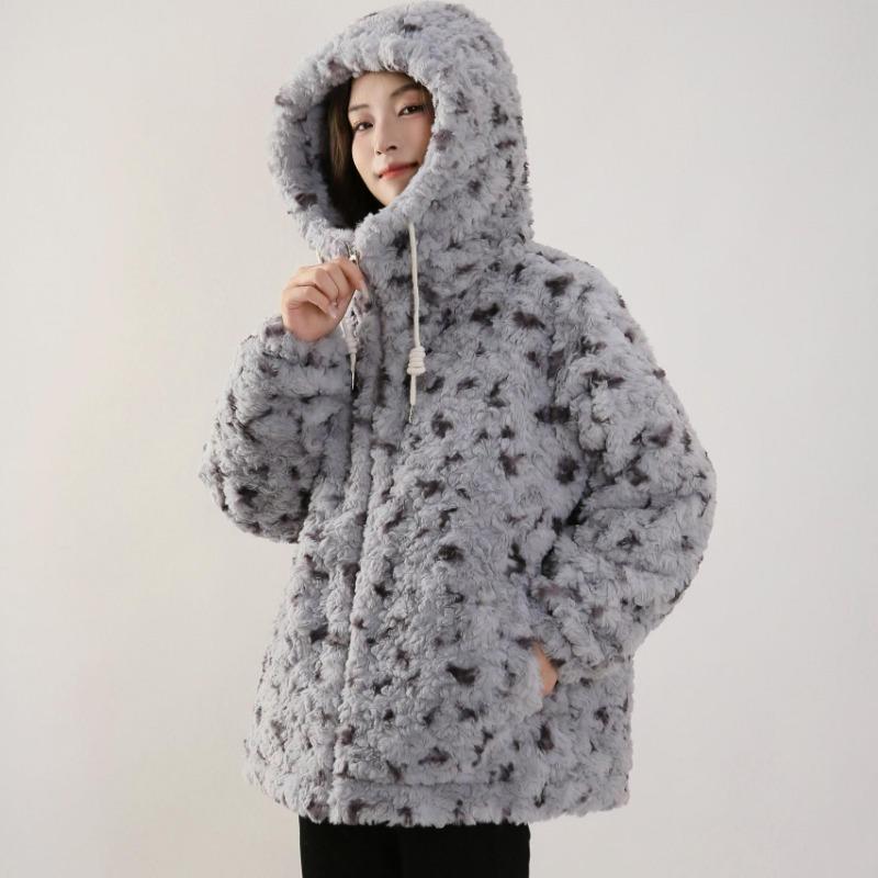 Cozy Faux Rabbit Fur Hooded Jacket Vintage Spots Fluffy Winter Coat Warm Thickened Premium Outerwear